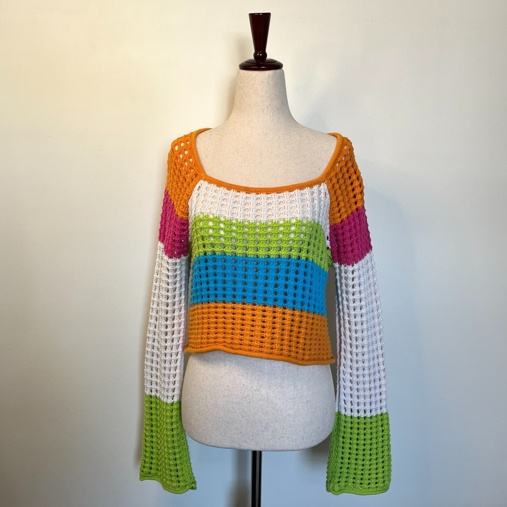 Wild Fable Rainbow Crochet Knit Sweater Cropped Oversized size Small